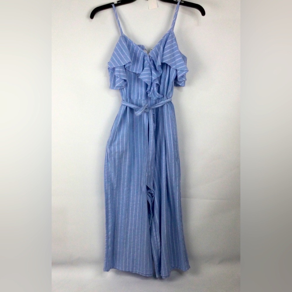 Umgee Blue Striped Ruffle Jumpsuit